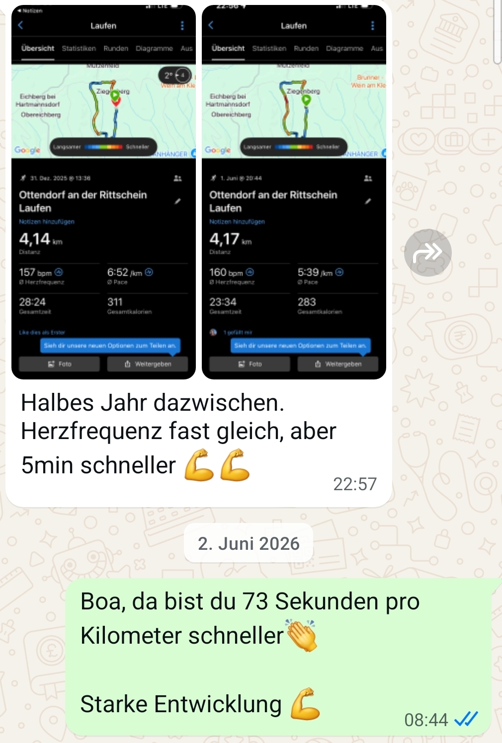 WhatsApp Erfolgsmeldung eines Laufcoaching-Kunden ueber verbesserte Lauf-Pace und Herzfrequenz