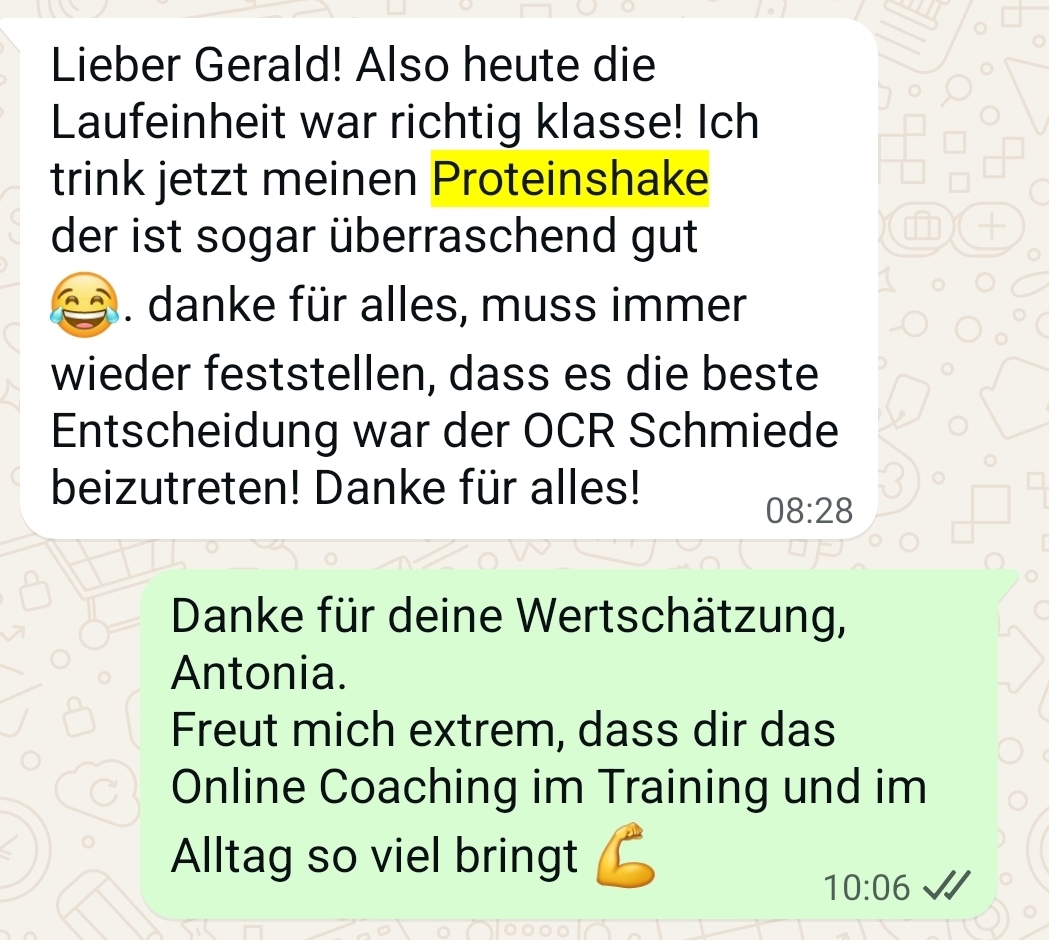 WhatsApp Feedback einer Online-Coaching-Kundin zu ihrem Lauftraining und den Trainingsplaenen