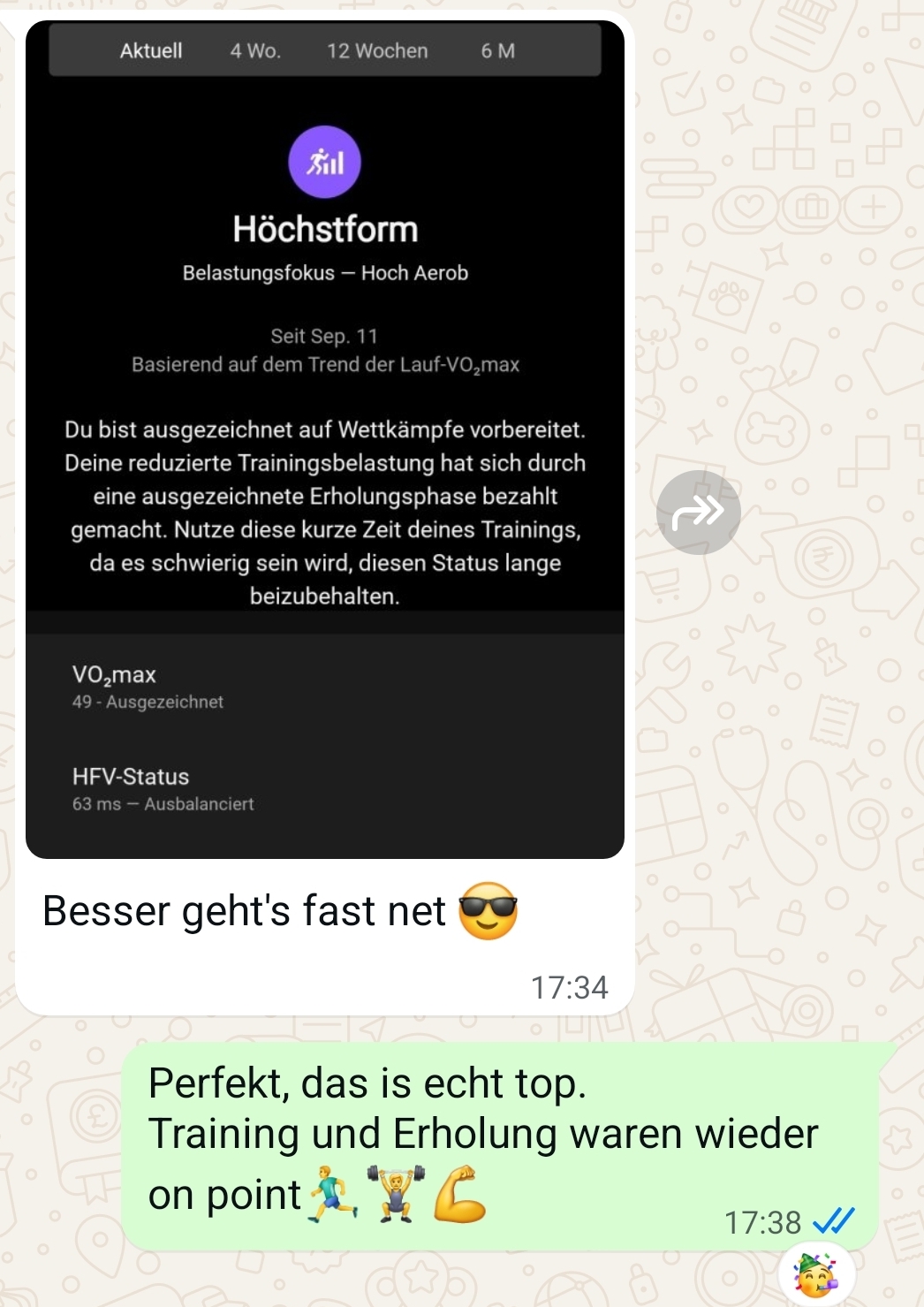 WhatsApp Nachricht mit Garmin Hoechstform-Auswertung eines Laufcoaching-Kunden